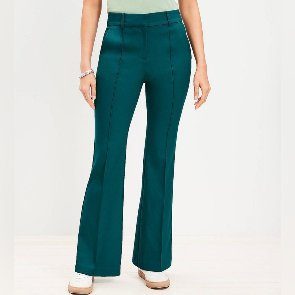Loft The Sutton Flare Green High Rise Pants With Pockets